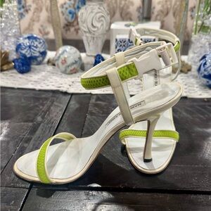 Manolo Blahnik Size 39 Green and White Ankle Strap Heels - Amazing Condition!